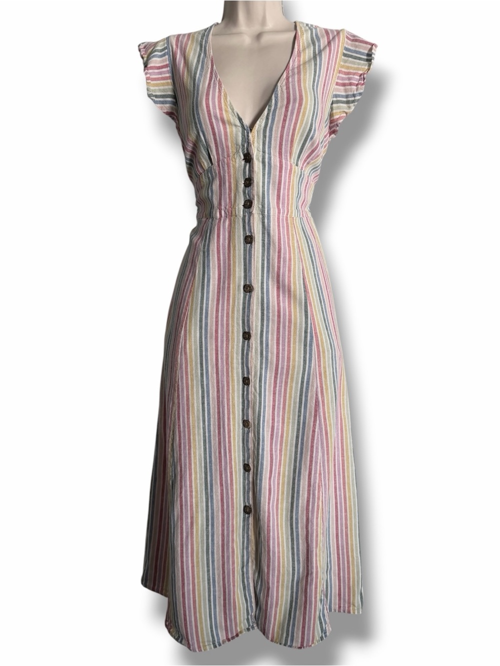 Marine Layer Camila Midi Dress Stripe Button Front V Neck Size Medium - Picture 2 of 9